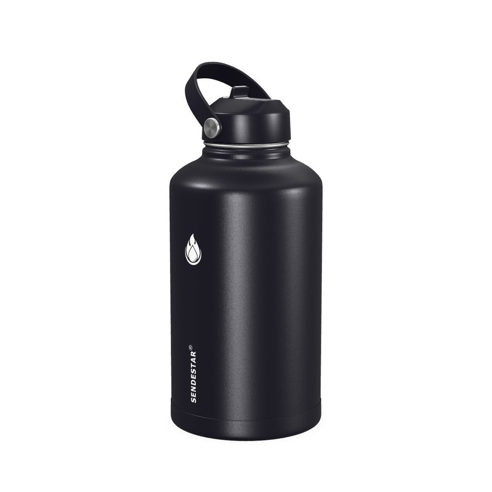 vbv 64 oz Insulated Water Bottle Black Stainless Steel Half Gallon 3 Lids NEW